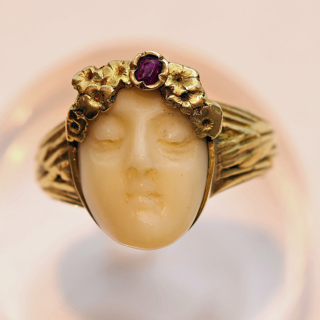 Antique Art Nouveau ring 18k gold ruby carved ivory portrait French (7490)