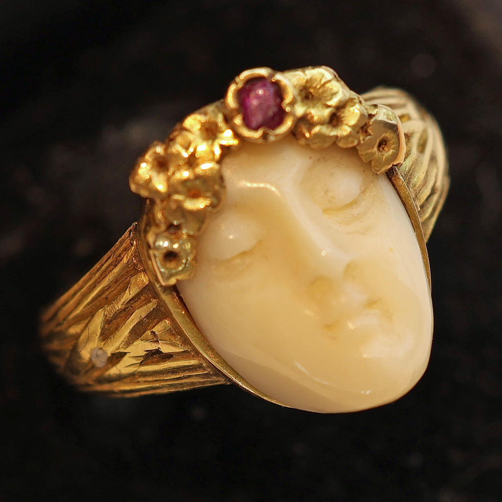 Antique Art Nouveau ring 18k gold ruby carved ivory portrait French (7490)