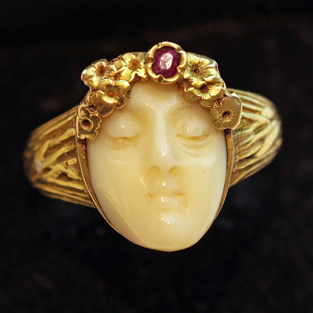 Antique Art Nouveau ring 18k gold ruby carved ivory portrait French (7490)