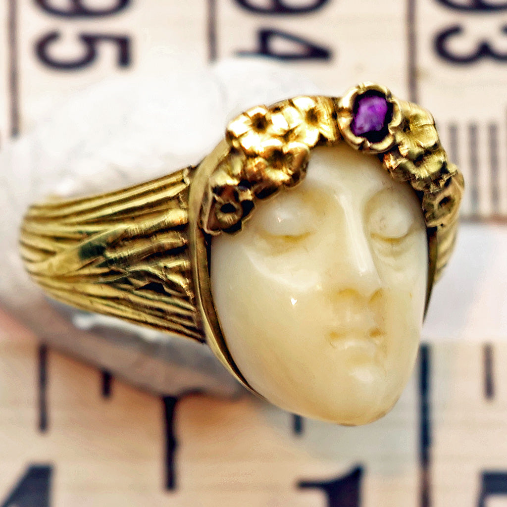 Antique Art Nouveau ring 18k gold ruby carved ivory portrait French (7490)