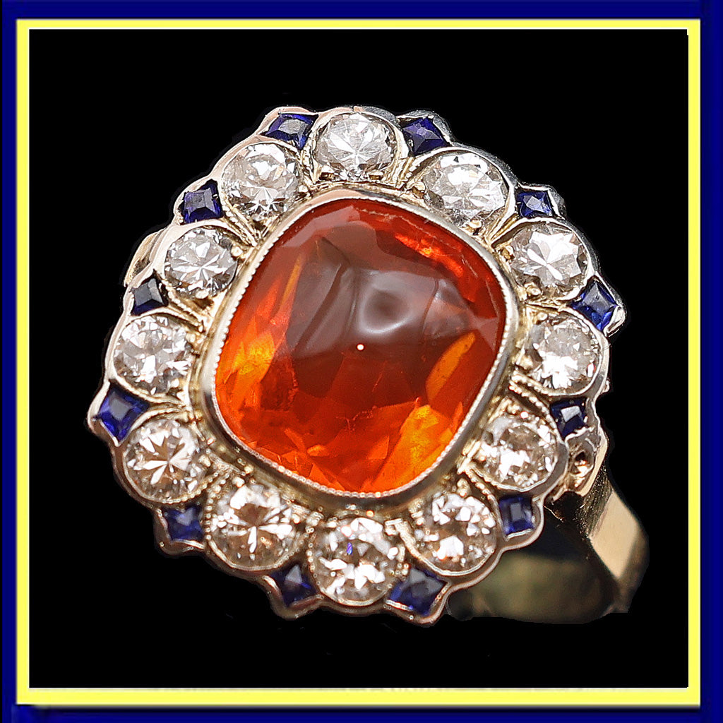 Vintage Art Deco ring cushion cut fire opal diamonds sapphires 14k gold