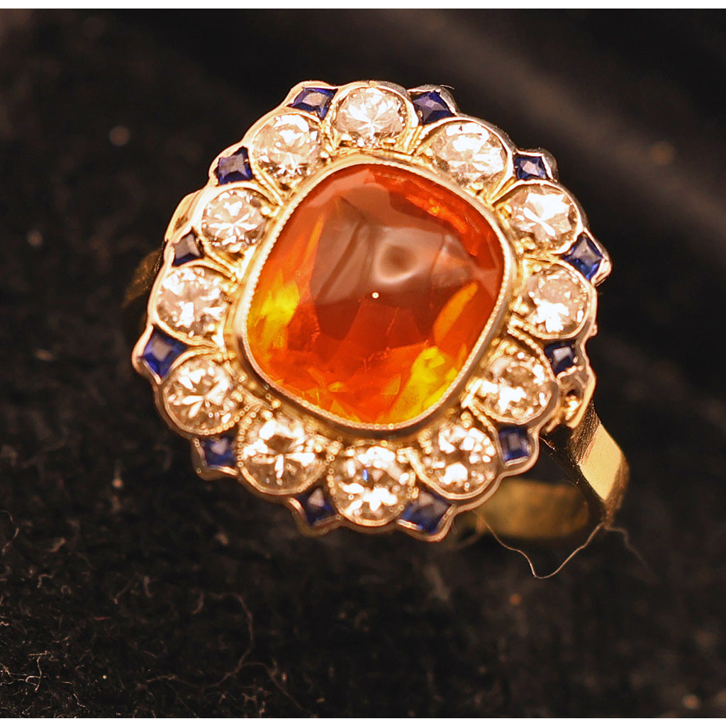 Vintage Art Deco ring cushion cut fire opal diamonds sapphires 14k gold (7494)