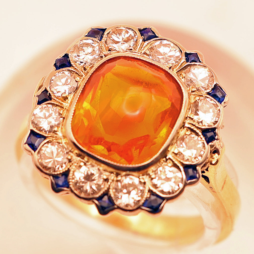 Vintage Art Deco ring cushion cut fire opal diamonds sapphires 14k gold (7494)