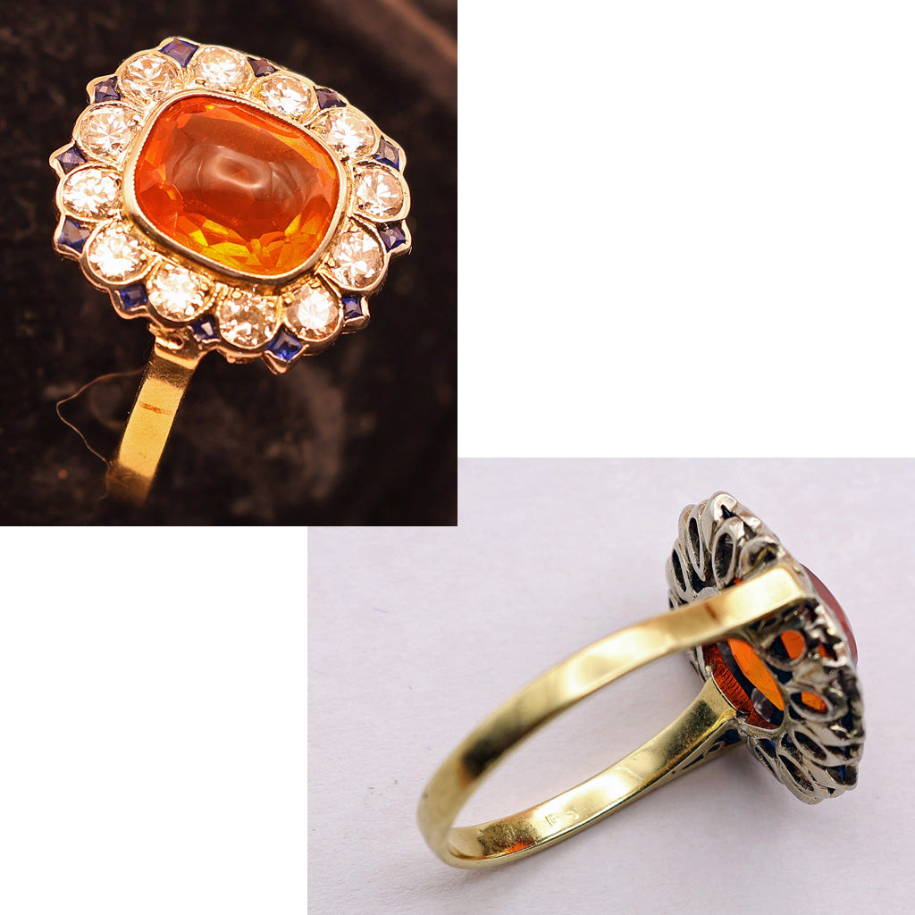 Vintage Art Deco ring cushion cut fire opal diamonds sapphires 14k gold (7494)