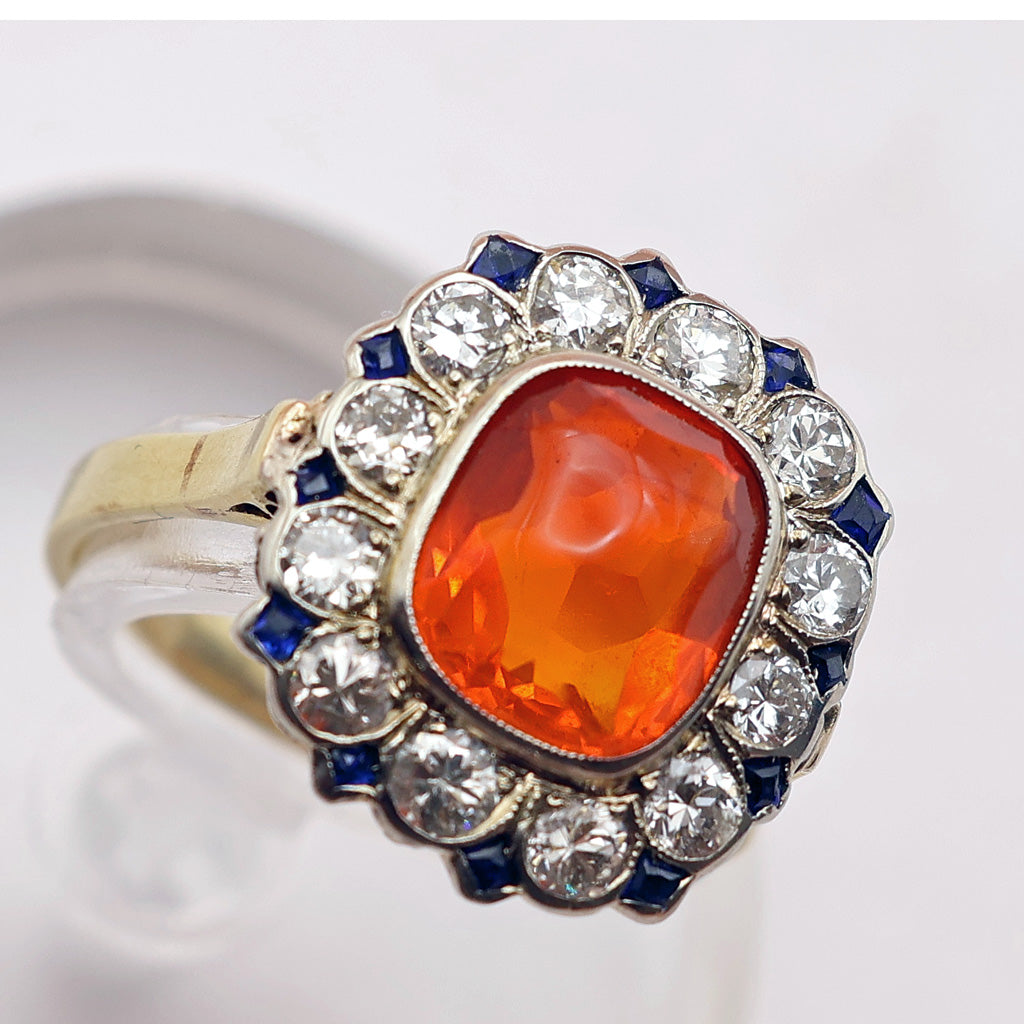 white Vintage Art Deco ring cushion cut fire opal diamonds sapphires 14k gold