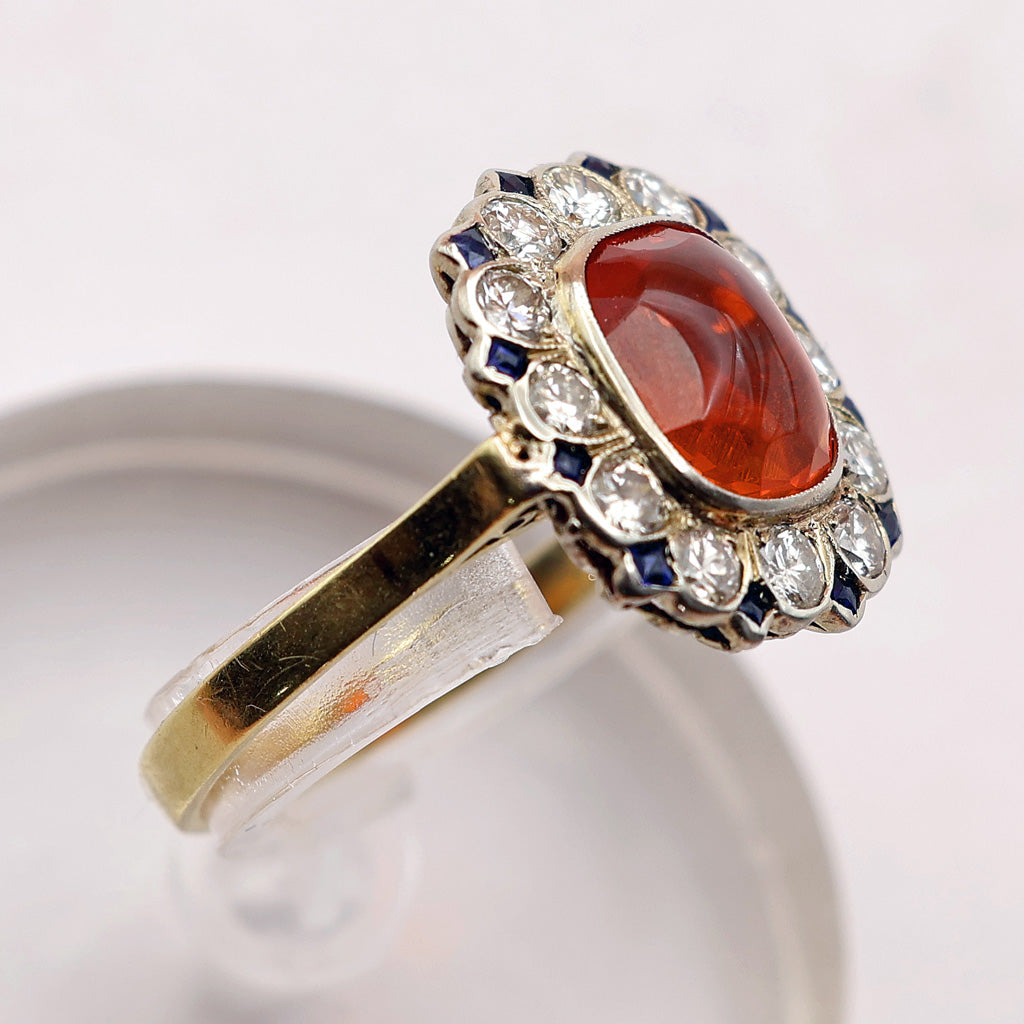 Vintage Art Deco ring cushion cut fire opal diamonds sapphires 14k gold (7494)