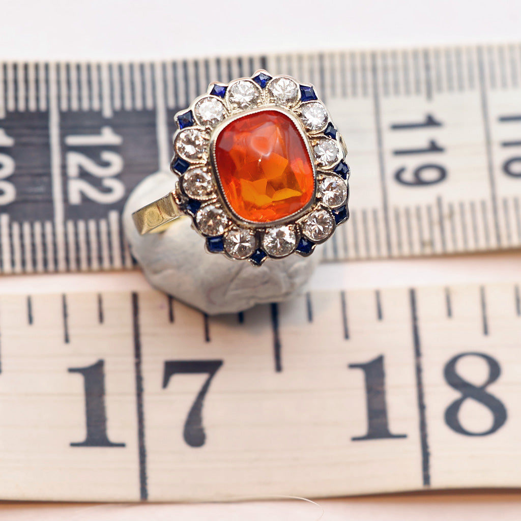 ruler Vintage Art Deco ring cushion cut fire opal diamonds sapphires 14k gold