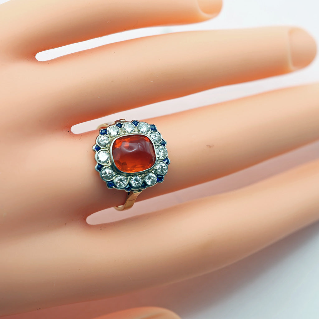 model Vintage Art Deco ring cushion cut fire opal diamonds sapphires 14k gold