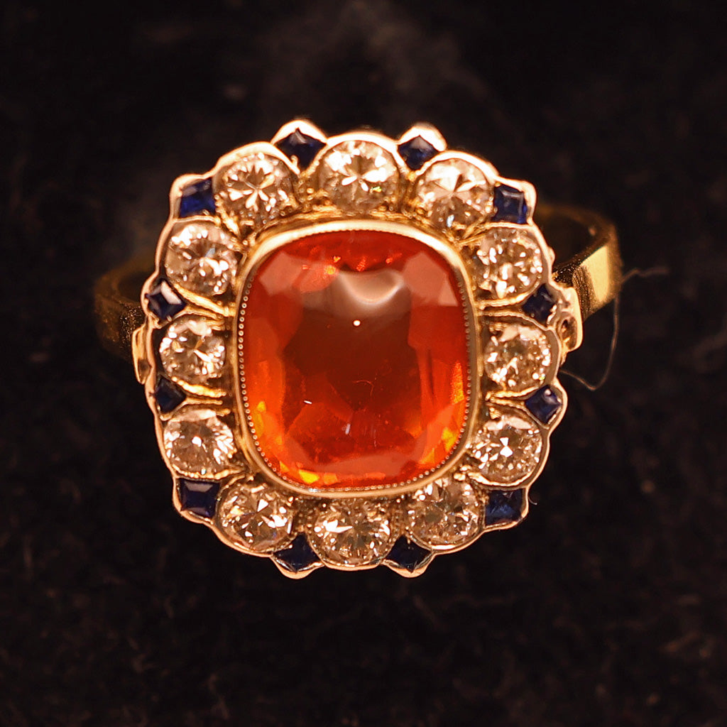 Vintage Art Deco ring cushion cut fire opal diamonds sapphires 14k gold (7494)