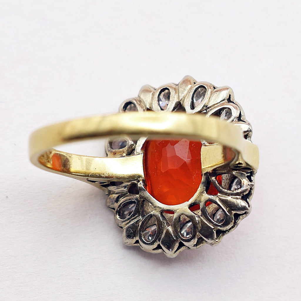 Vintage Art Deco ring cushion cut fire opal diamonds sapphires 14k gold (7494)