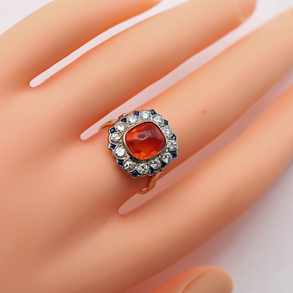 Vintage Art Deco ring cushion cut fire opal diamonds sapphires 14k gold (7494)