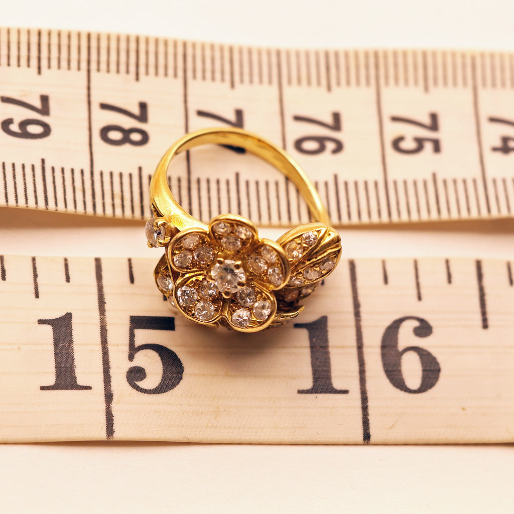 size showing Vintage diamond ring 18k gold c1950 attributed to Boucheron French flower