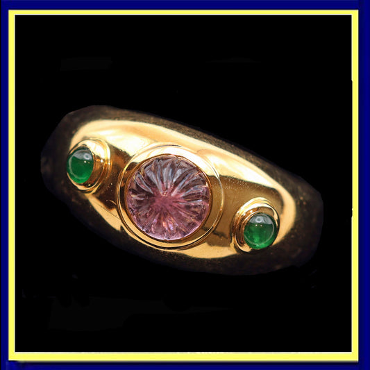 Cartier ring 18k gold emeralds pink gem French signed Unisex wedding band 