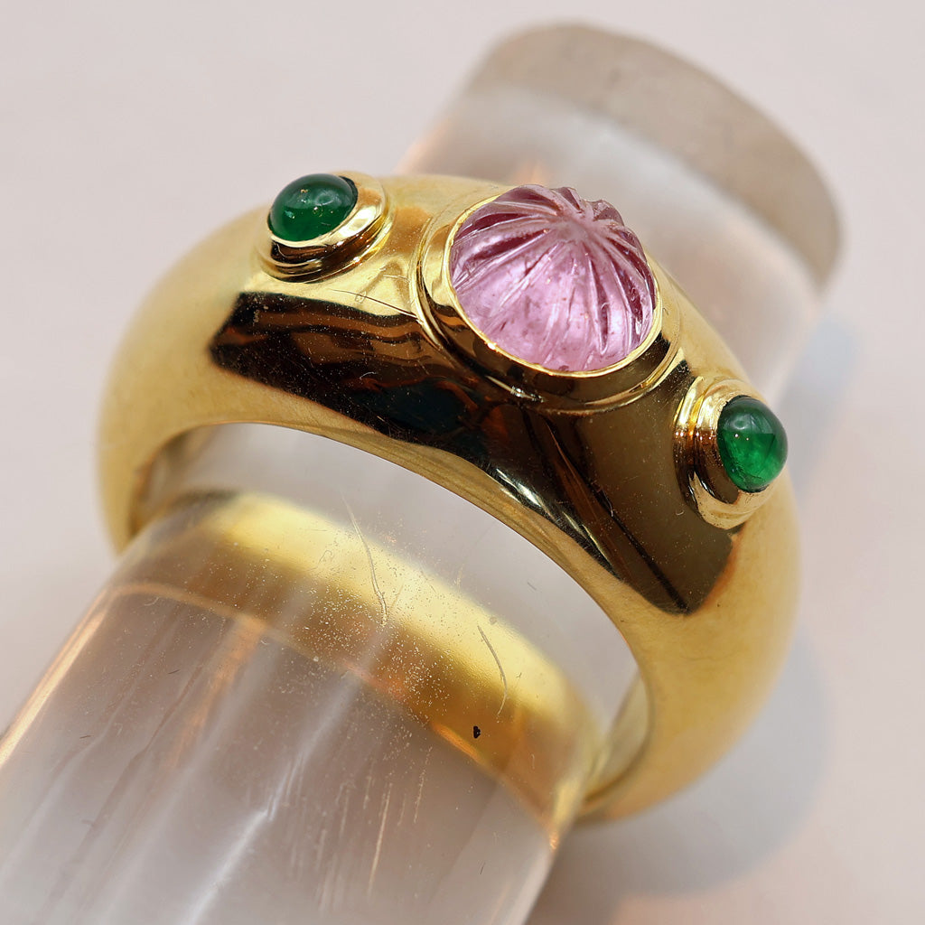 Cartier ring 18k gold emeralds pink gem French signed Unisex wedding band (7514)