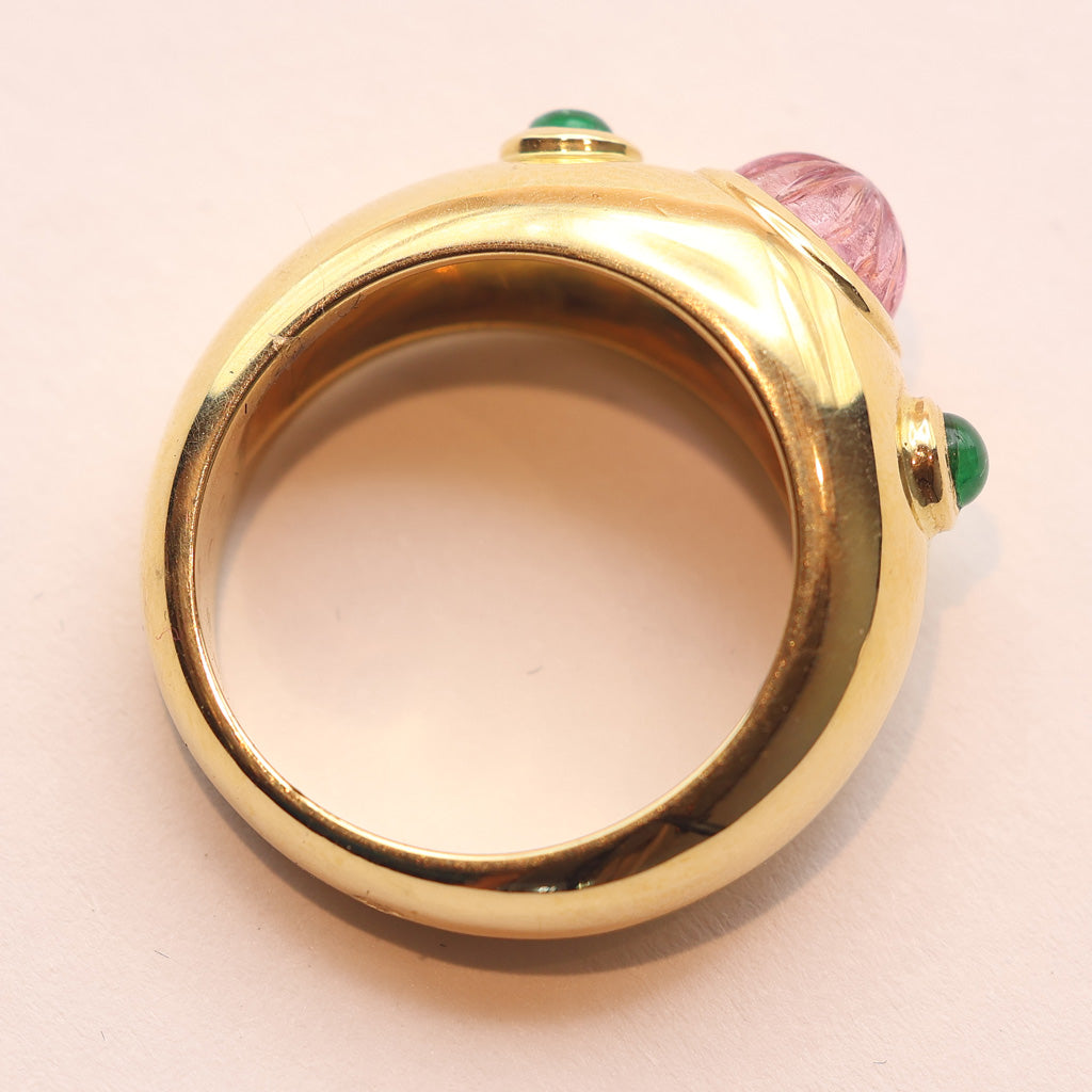 Cartier ring 18k gold emeralds pink gem French signed Unisex wedding band (7514)