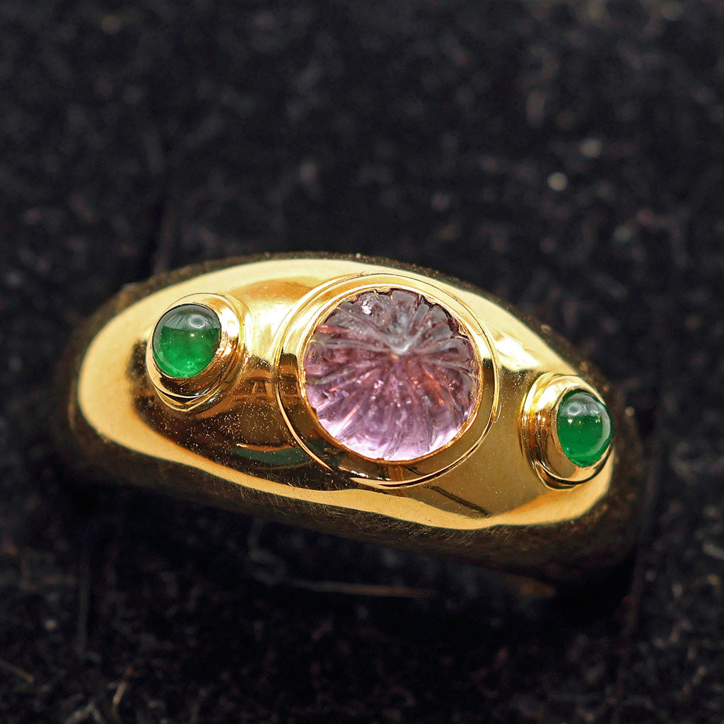 Cartier ring 18k gold emeralds pink gem French signed Unisex wedding band (7514)