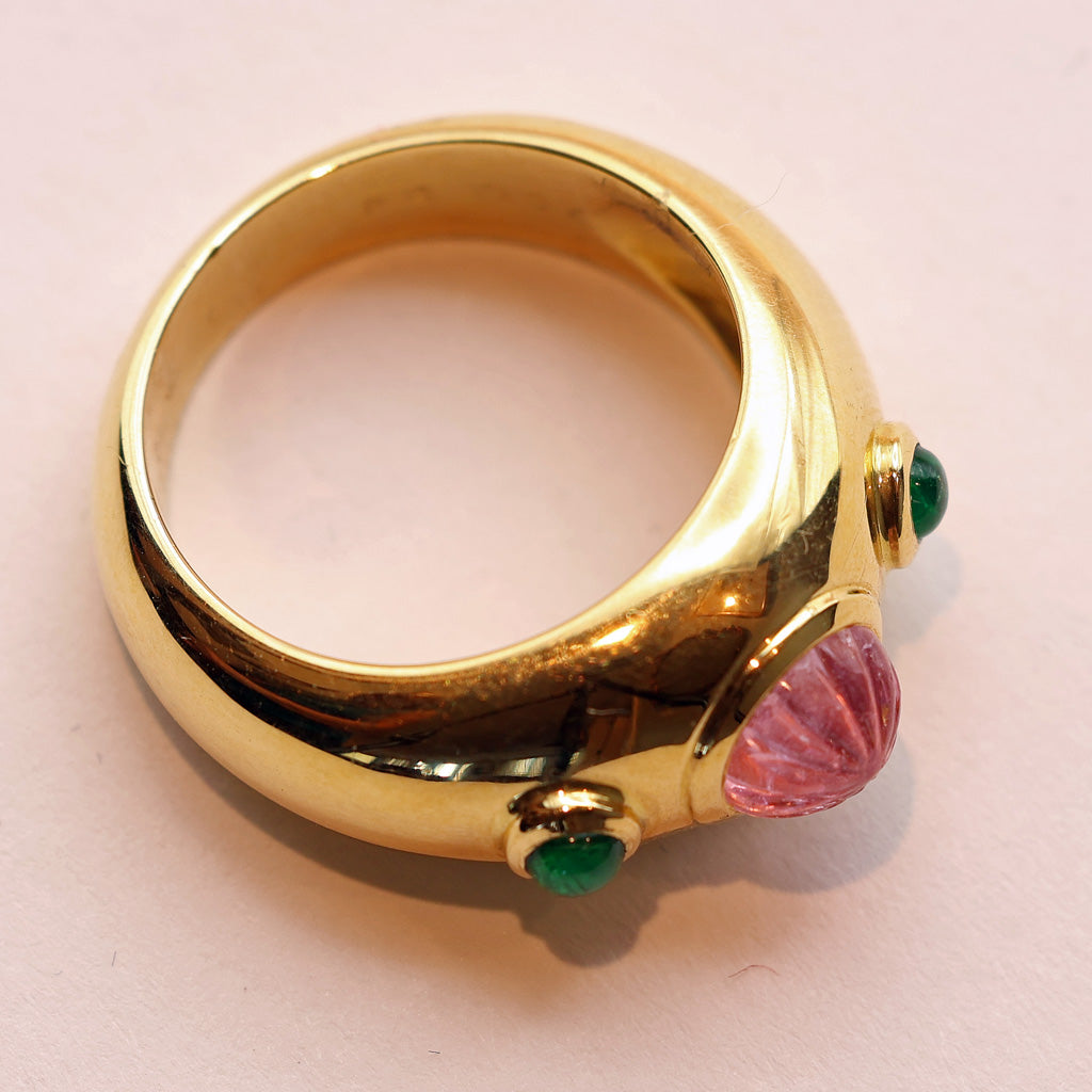 Cartier ring 18k gold emeralds pink gem French signed Unisex wedding band white background