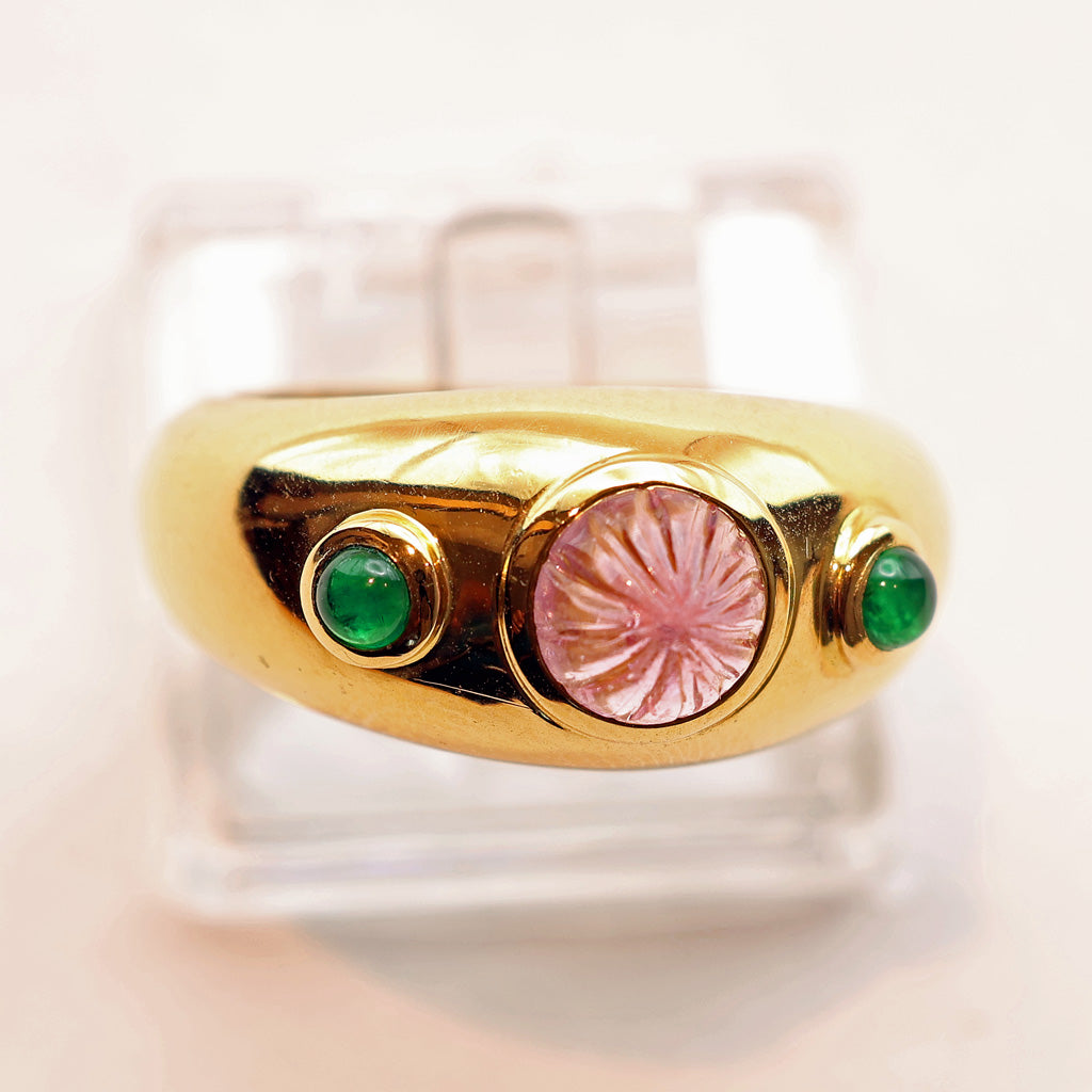 Cartier ring 18k gold emeralds pink gem French signed Unisex wedding band (7514)