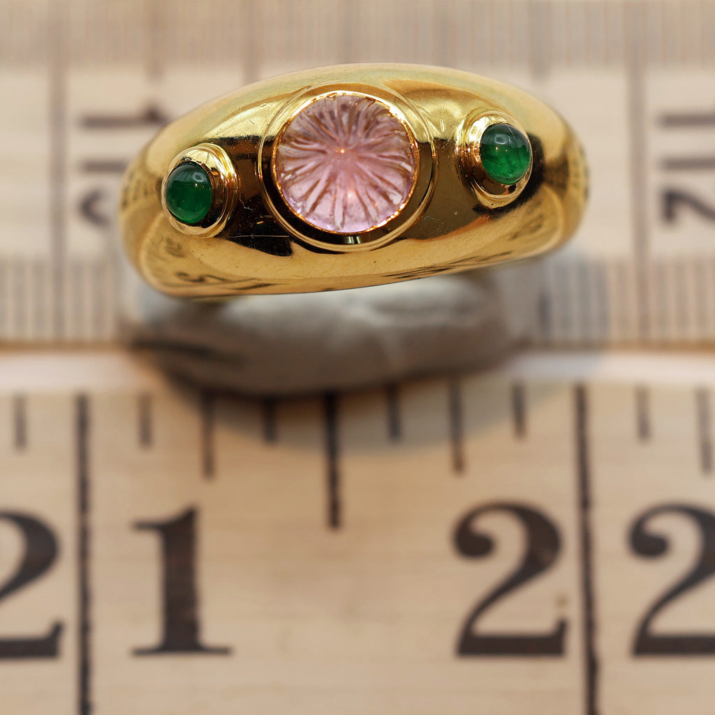 Cartier ring 18k gold emeralds pink gem French signed Unisex wedding band showing size