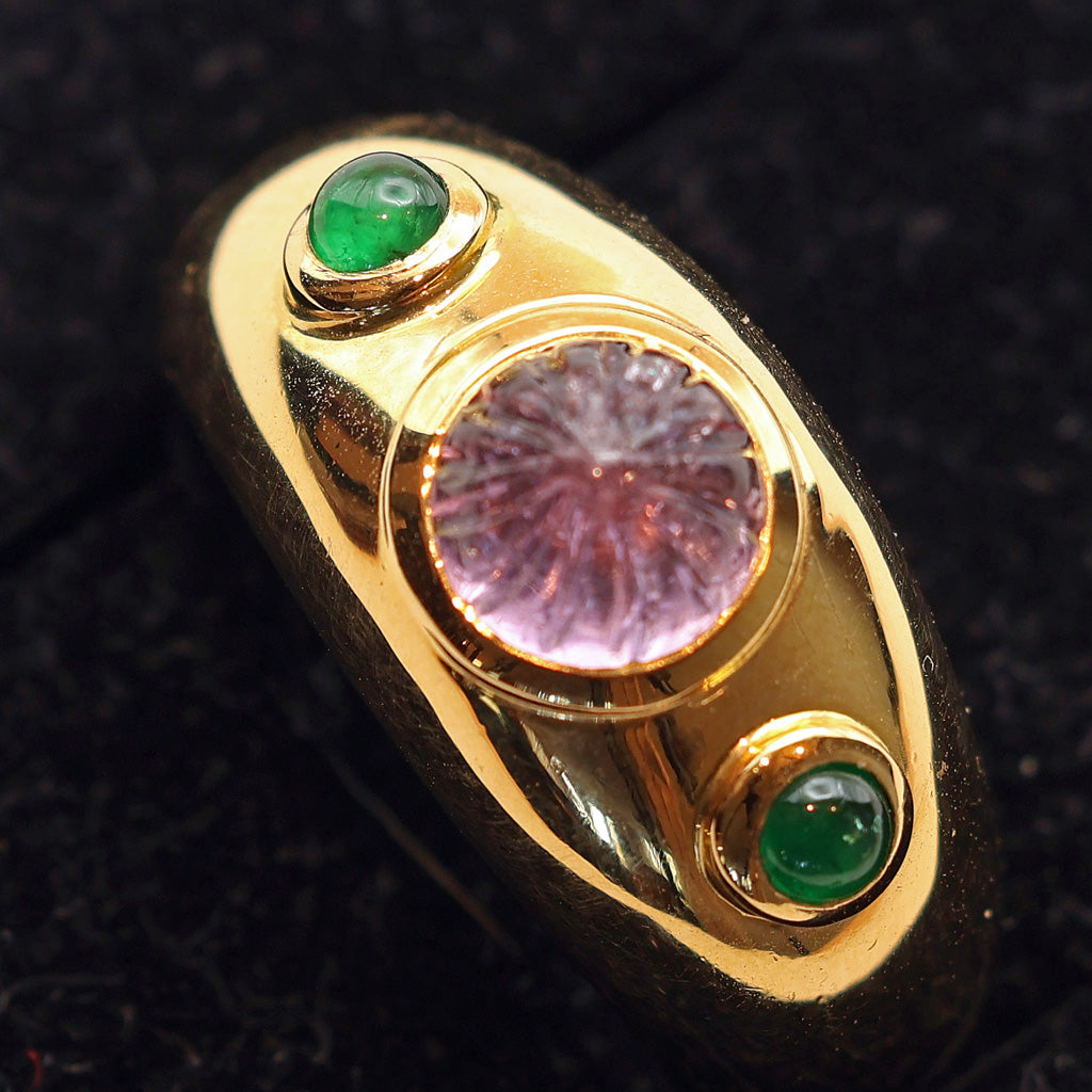 Cartier ring 18k gold emeralds pink gem French signed Unisex wedding band (7514)