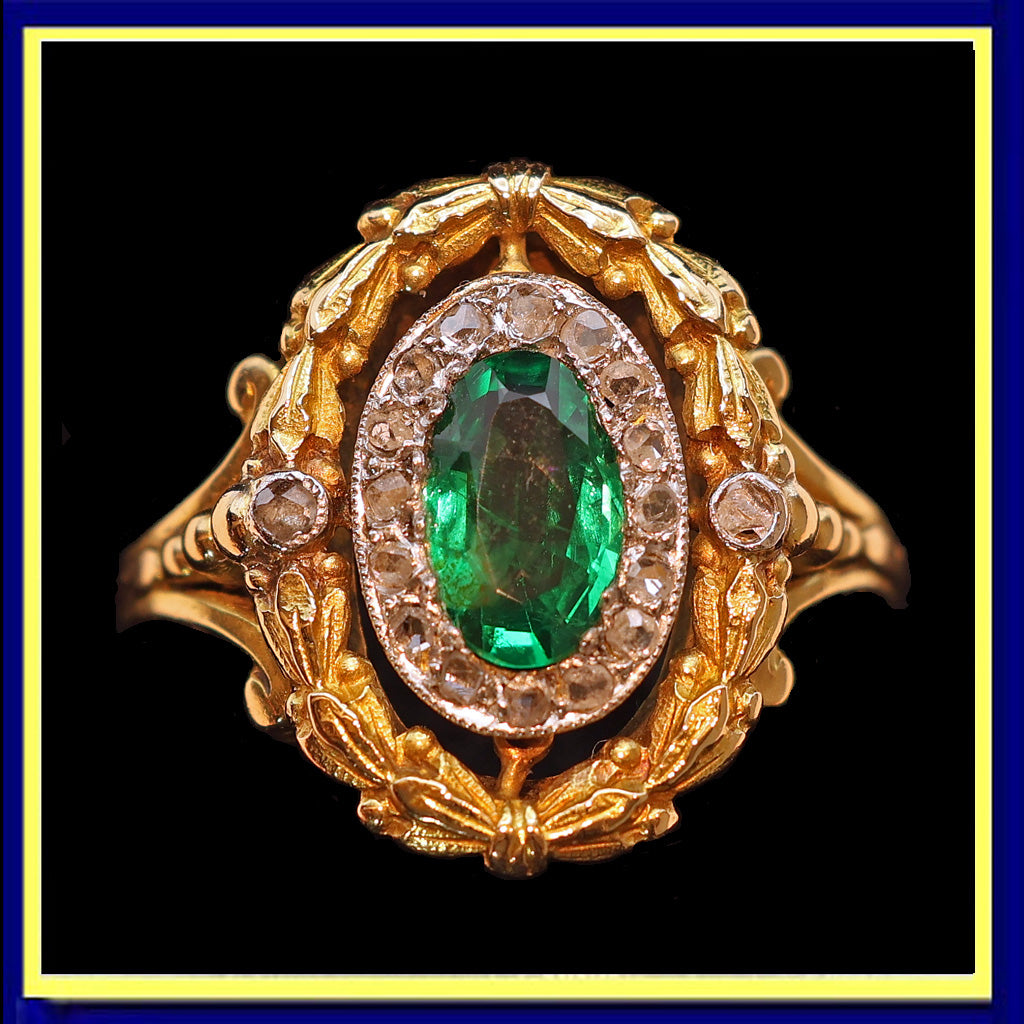 Antique Victorian Ring Emerald Diamonds 18k Gold Napoleon III French