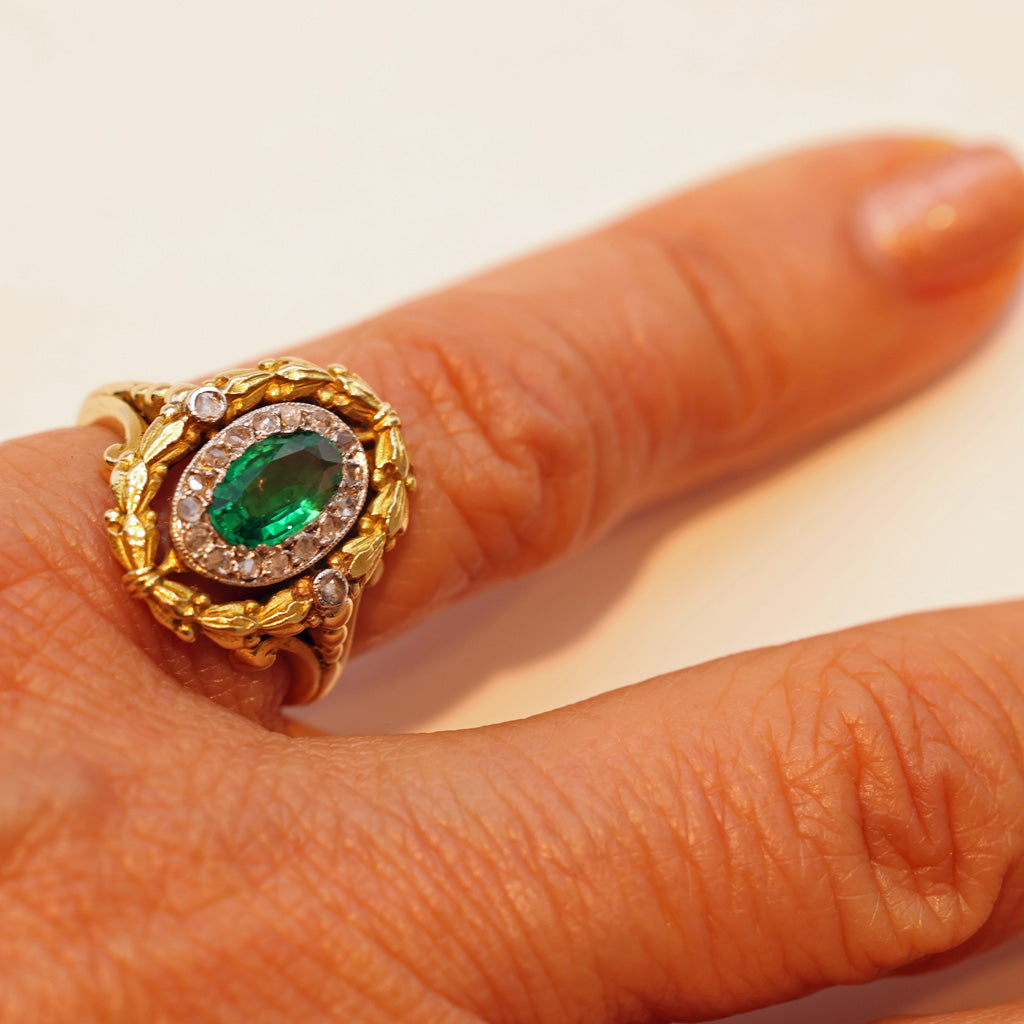 Antique Victorian Ring Emerald Diamonds 18k Gold Napoleon III French (7525)