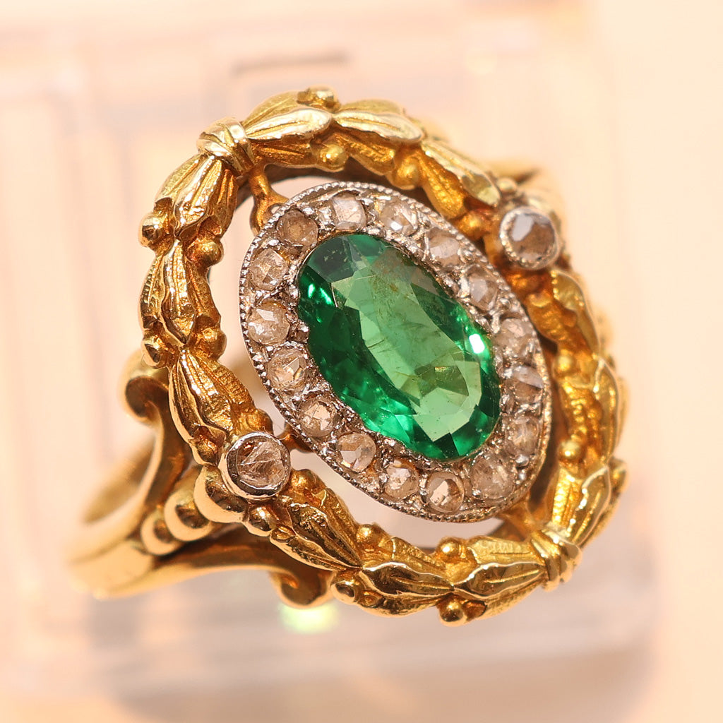 Antique Victorian Ring Emerald Diamonds 18k Gold Napoleon III French (7525)