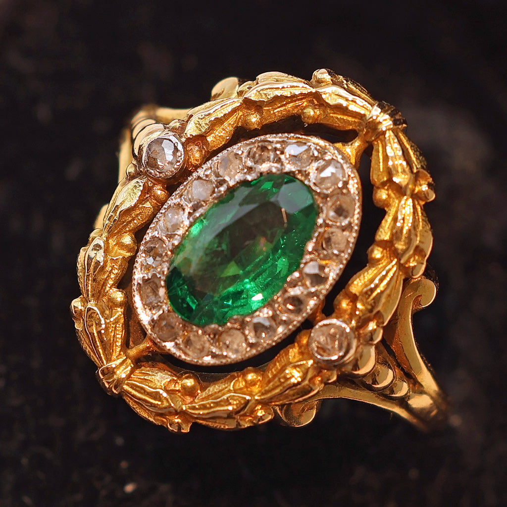 Antique Victorian Ring Emerald Diamonds 18k Gold Napoleon III French (7525)