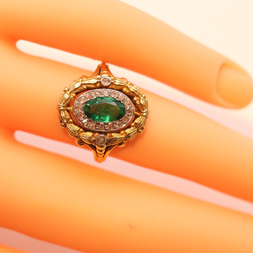 Antique Victorian Ring Emerald Diamonds 18k Gold Napoleon III French (7525)