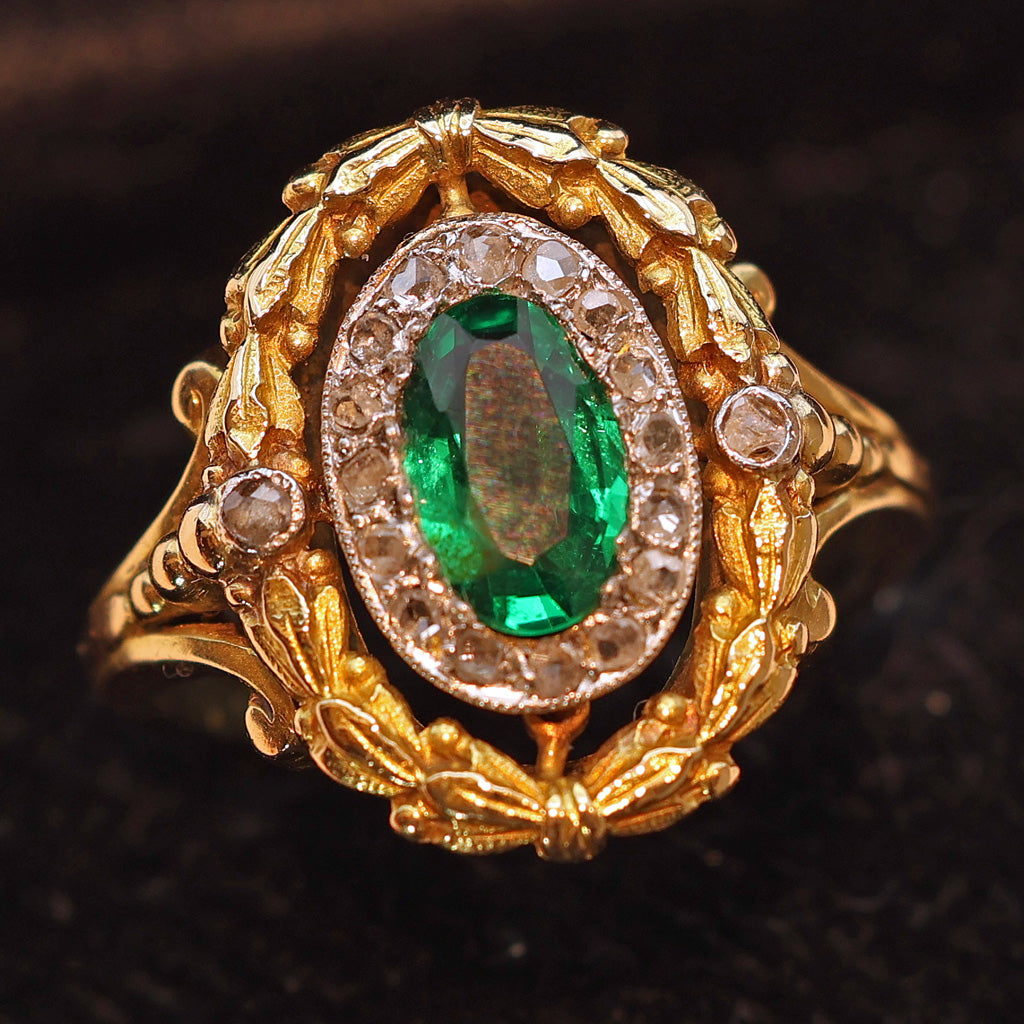 Antique Victorian Ring Emerald Diamonds 18k Gold Napoleon III French (7525)