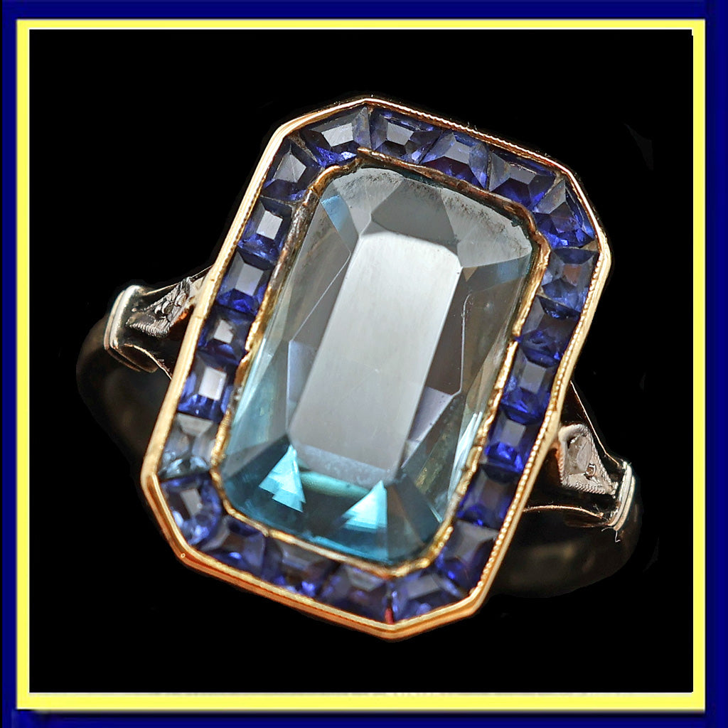 Antique Art Deco ring gold blue zircon sapphires diamonds French