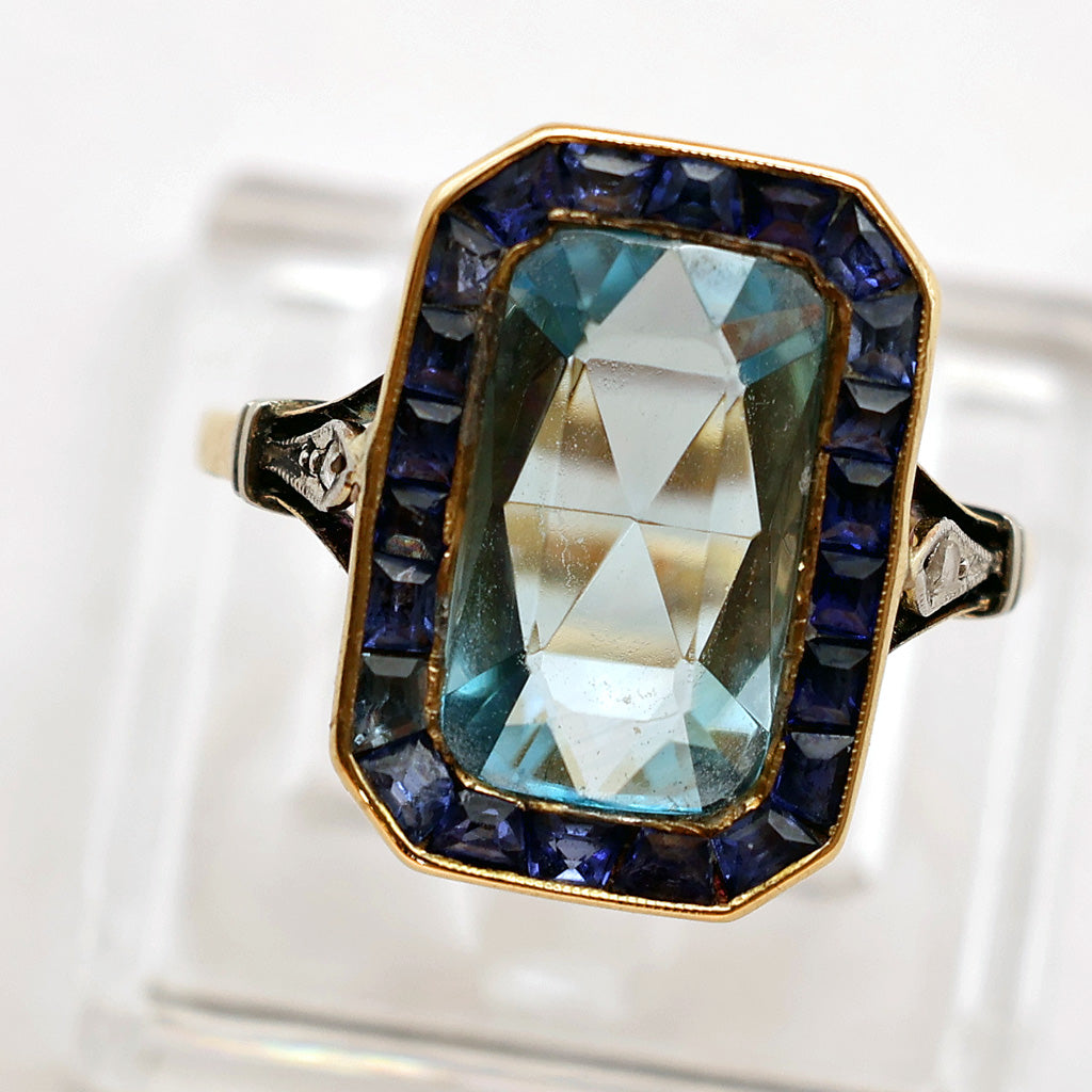 Antique Art Deco ring gold blue zircon sapphires diamonds French (7527)