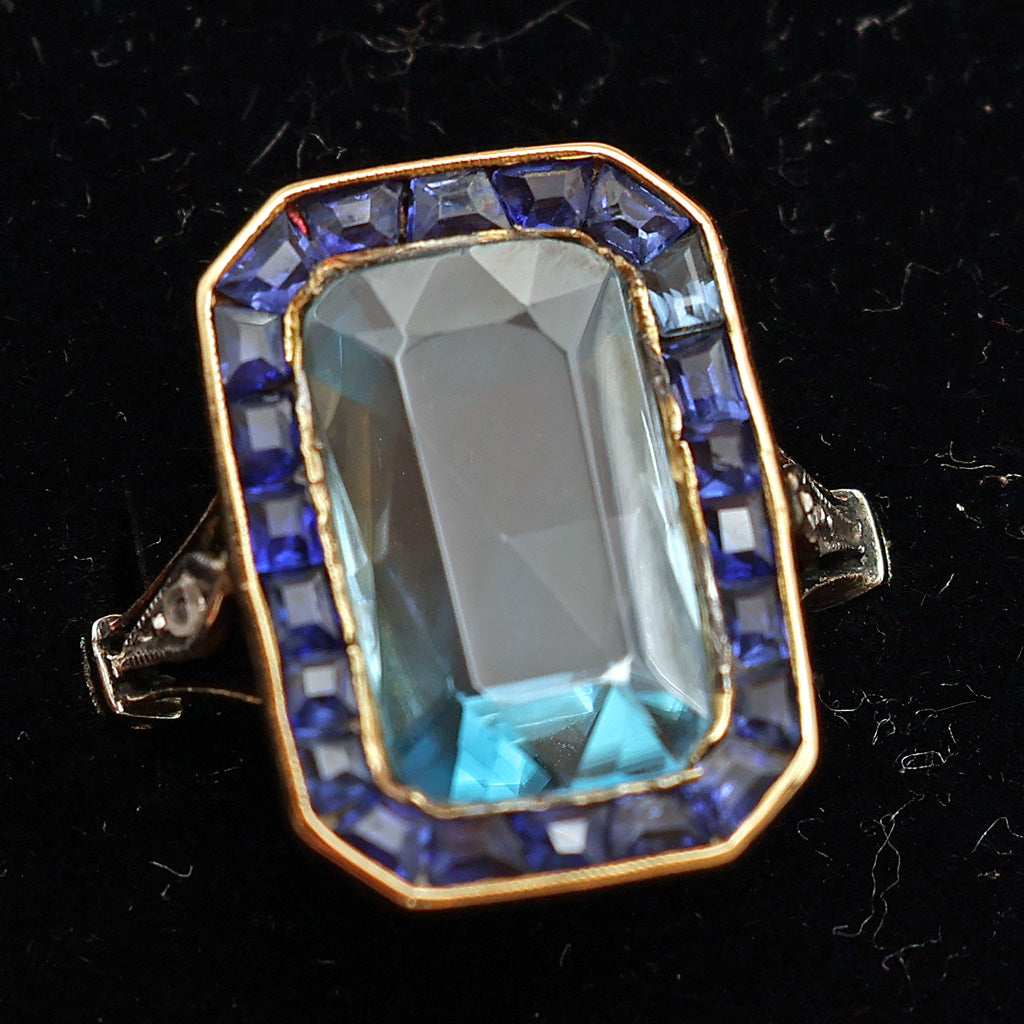 Antique Art Deco ring gold blue zircon sapphires diamonds French (7527)