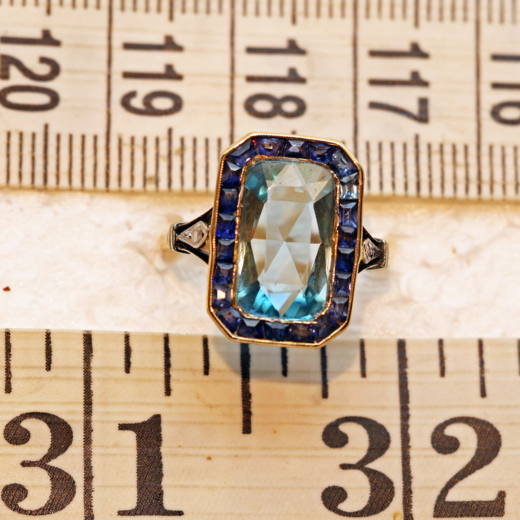 Antique Art Deco ring gold blue zircon sapphires diamonds French on ruler