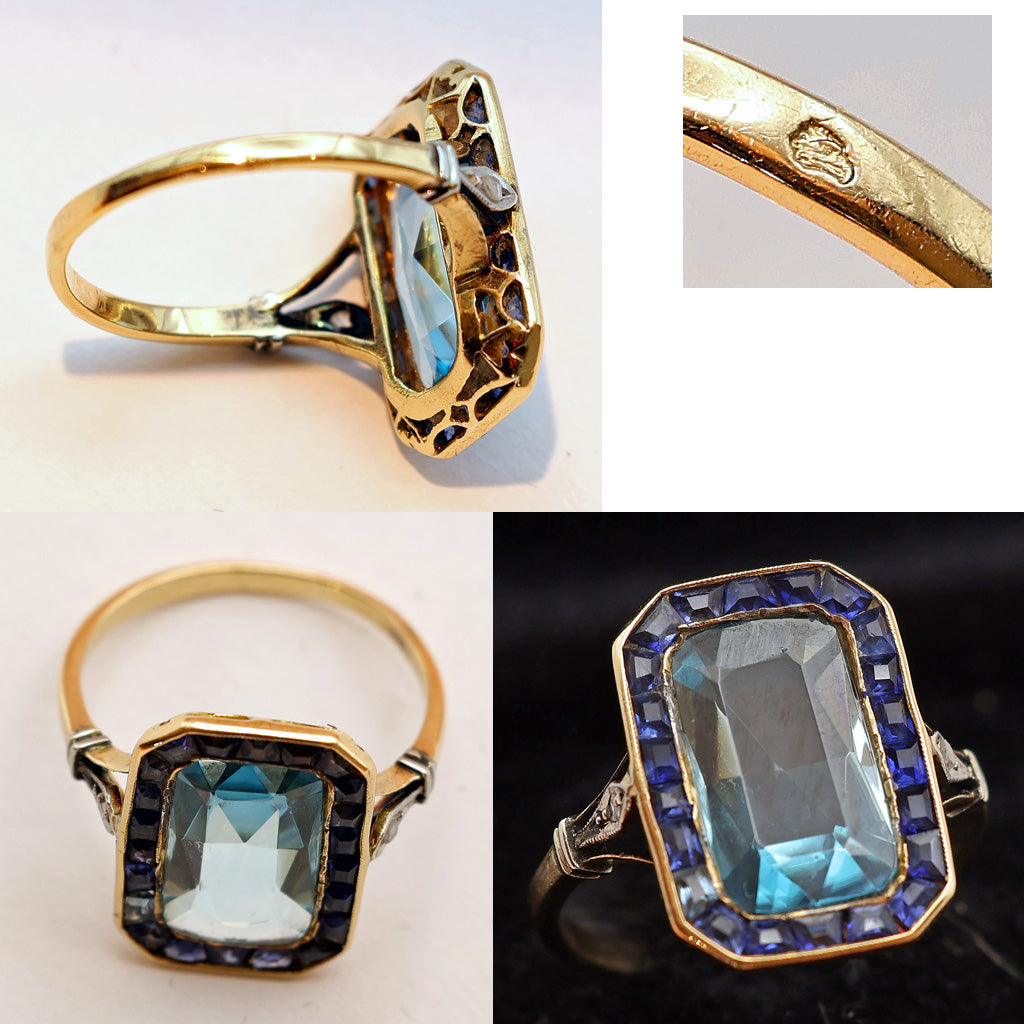 Antique Art Deco ring gold blue zircon sapphires diamonds French (7527)