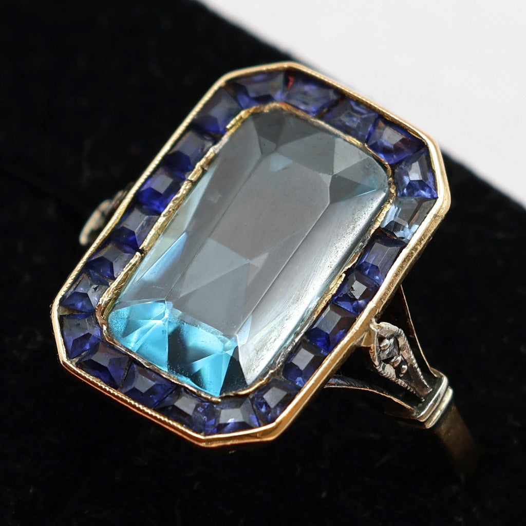 Antique Art Deco ring gold blue zircon sapphires diamonds French (7527)