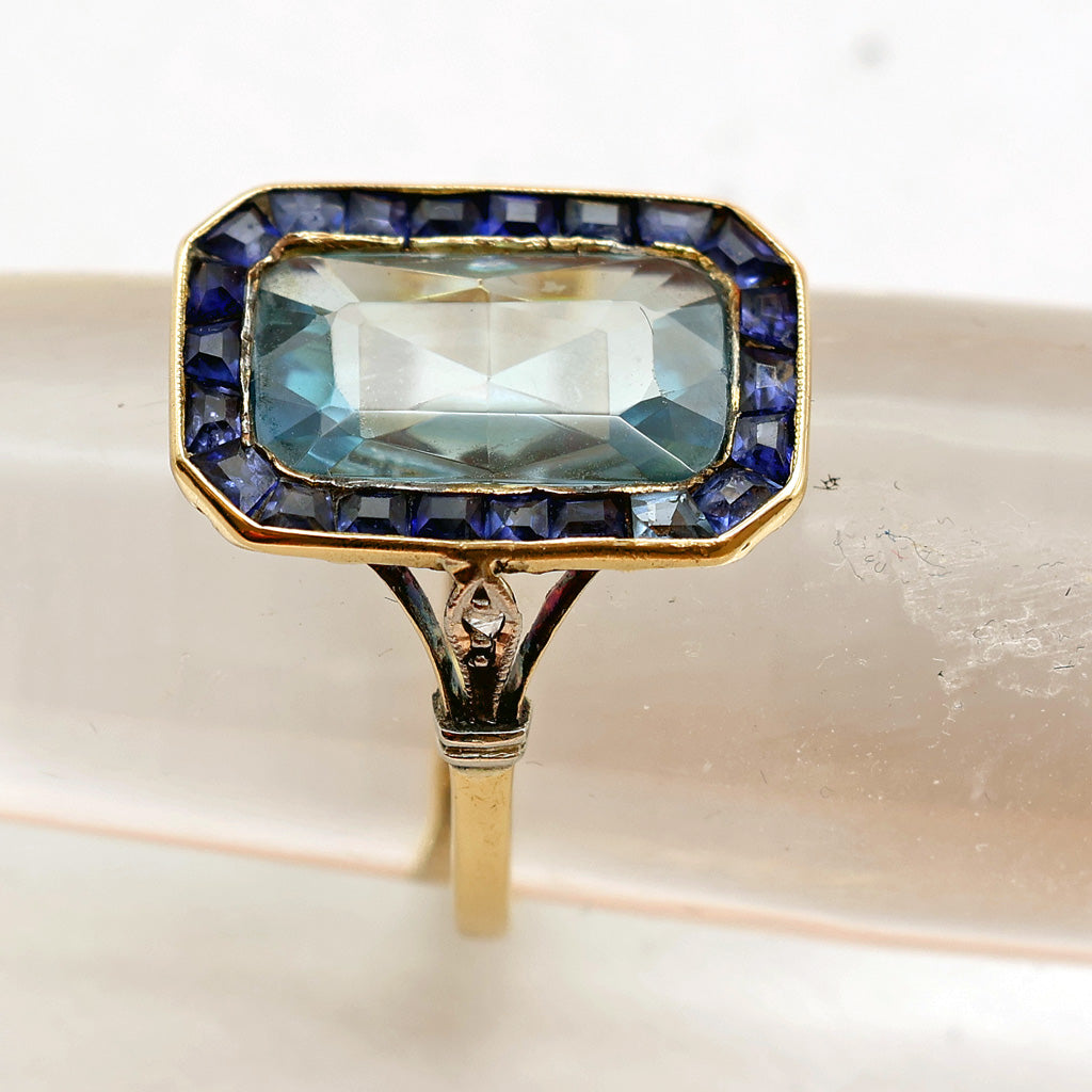 Antique Art Deco ring gold blue zircon sapphires diamonds French (7527)