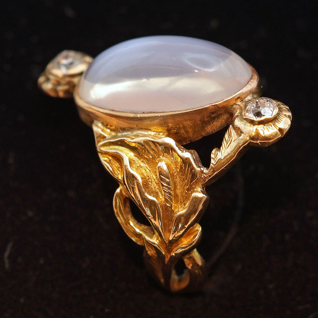 Antique Victorian Art Nouveau ring 14k gold moonstone diamonds lilies (7529)