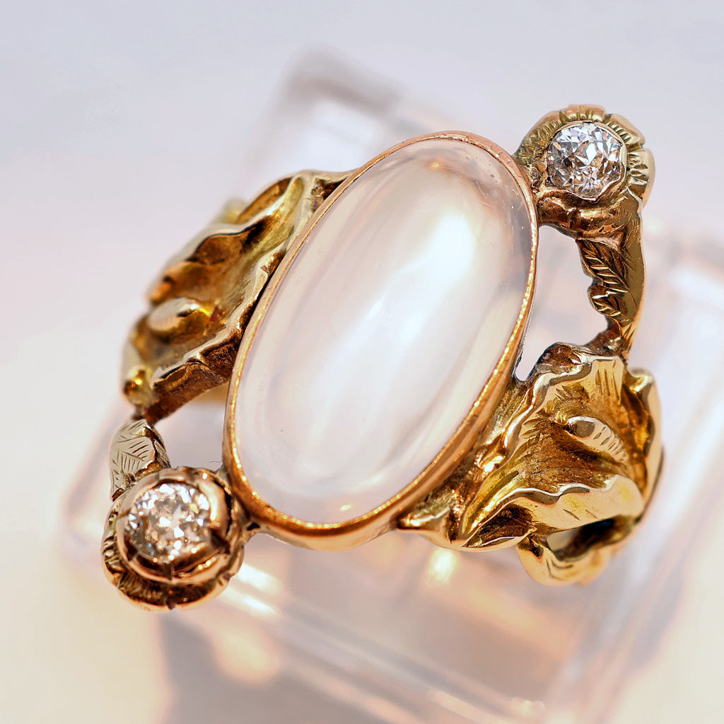 Antique Victorian Art Nouveau ring 14k gold moonstone diamonds lilies (7529)