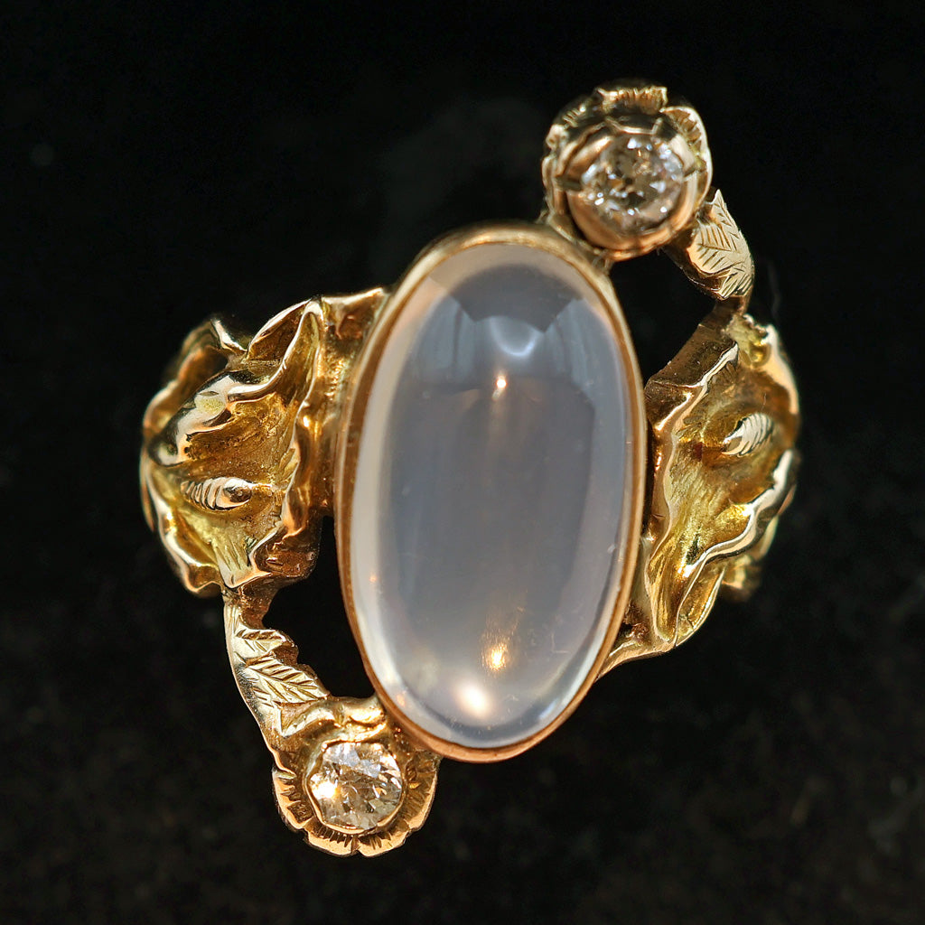 Antique Victorian Art Nouveau ring 14k gold moonstone diamonds lilies (7529)