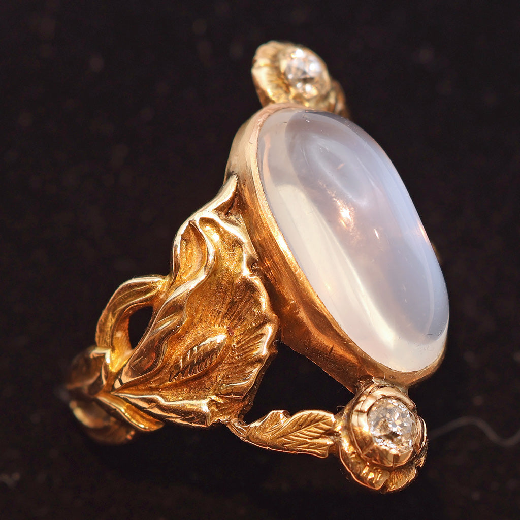 Antique Victorian Art Nouveau ring 14k gold moonstone diamonds lilies black ground