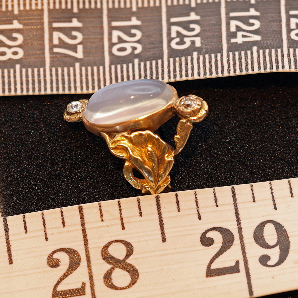 Antique Victorian Art Nouveau ring 14k gold moonstone diamonds lilies (7529)