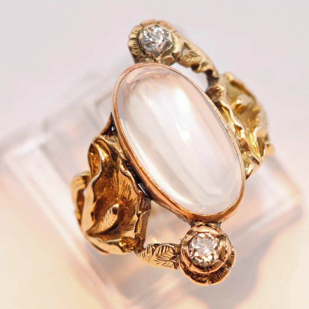 Antique Victorian Art Nouveau ring 14k gold moonstone diamonds lilies (7529)