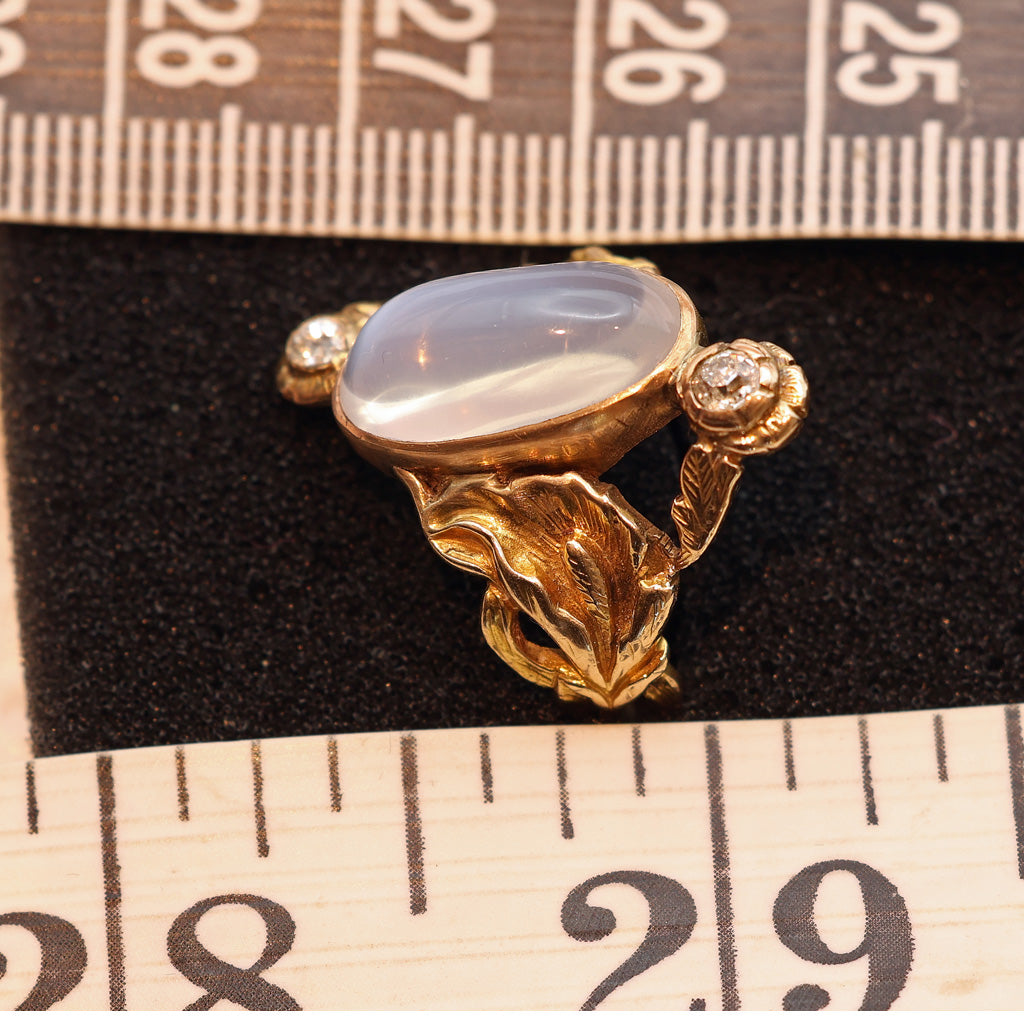 Antique Victorian Art Nouveau ring 14k gold moonstone diamonds lilies (7529)