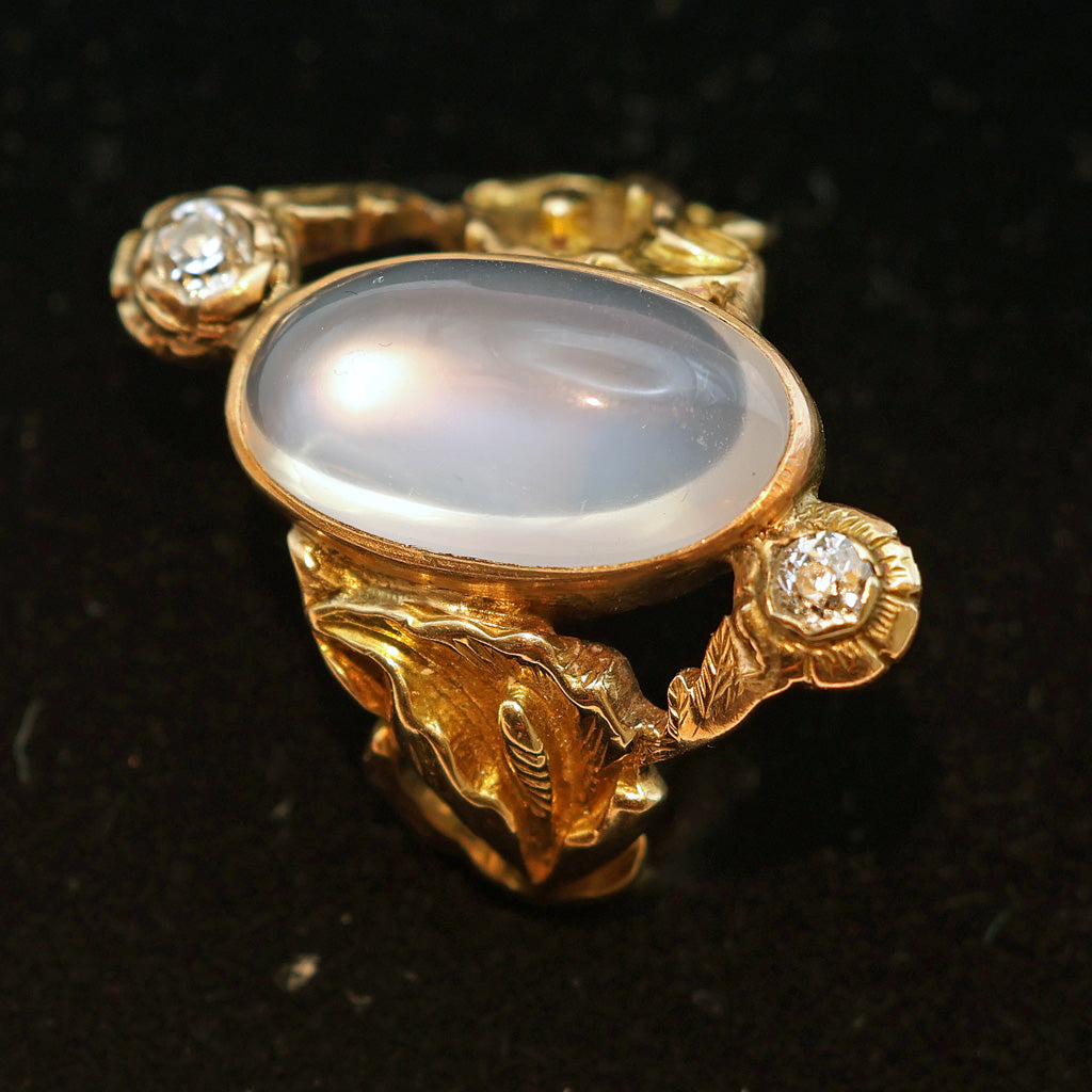 Antique Victorian Art Nouveau ring 14k gold moonstone diamonds lilies (7529)