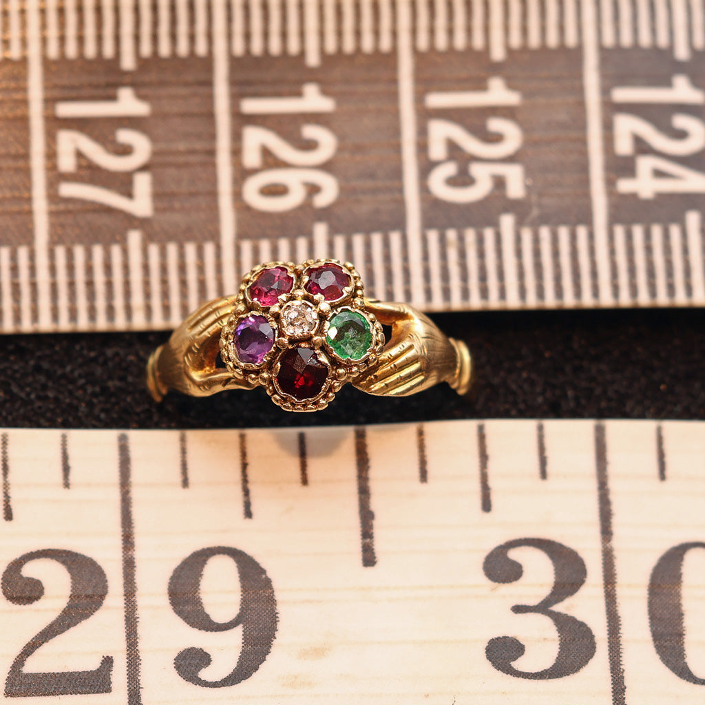 Antique early Victorian ring acrostic REGARD fede hands ring English c1840 (7530)