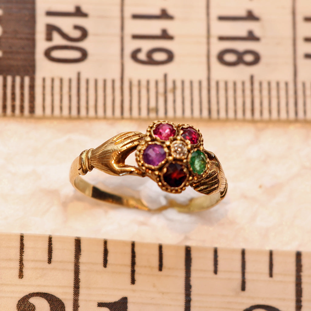 Antique early Victorian ring acrostic REGARD fede hands ring English c1840 (7530)