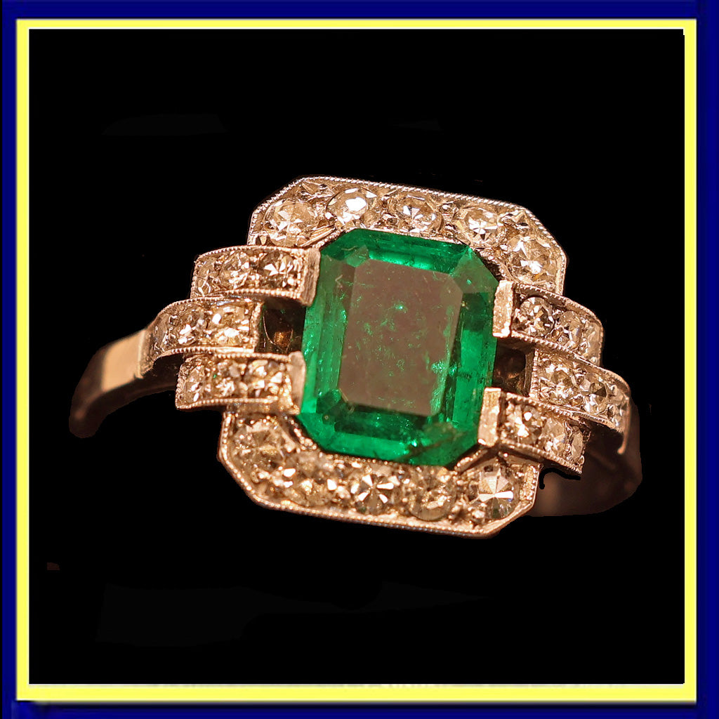 Antique Art Deco ring emerald diamond platinum engagement AGL