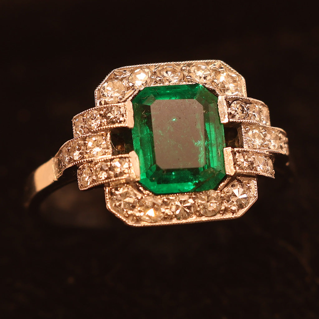 Antique Art Deco ring emerald diamond platinum engagement AGL certificate (7531)