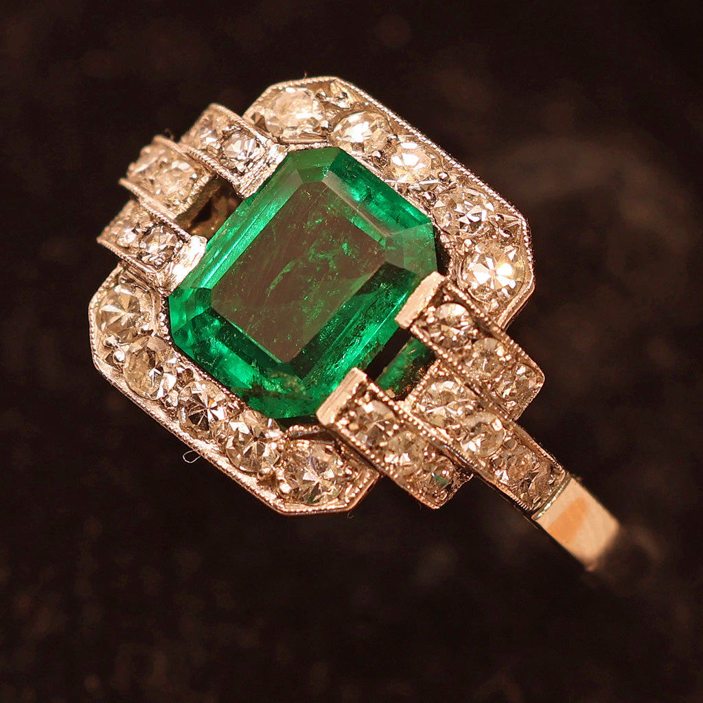 Antique Art Deco ring emerald diamond platinum engagement AGL certificate (7531)